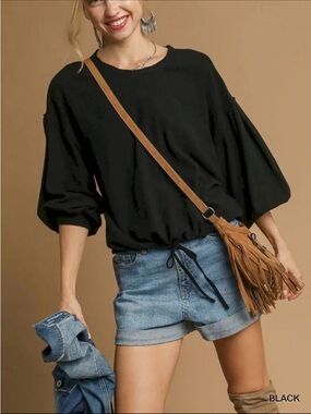 Umgee Linen Blend Boho Pullover Top with Fringe design